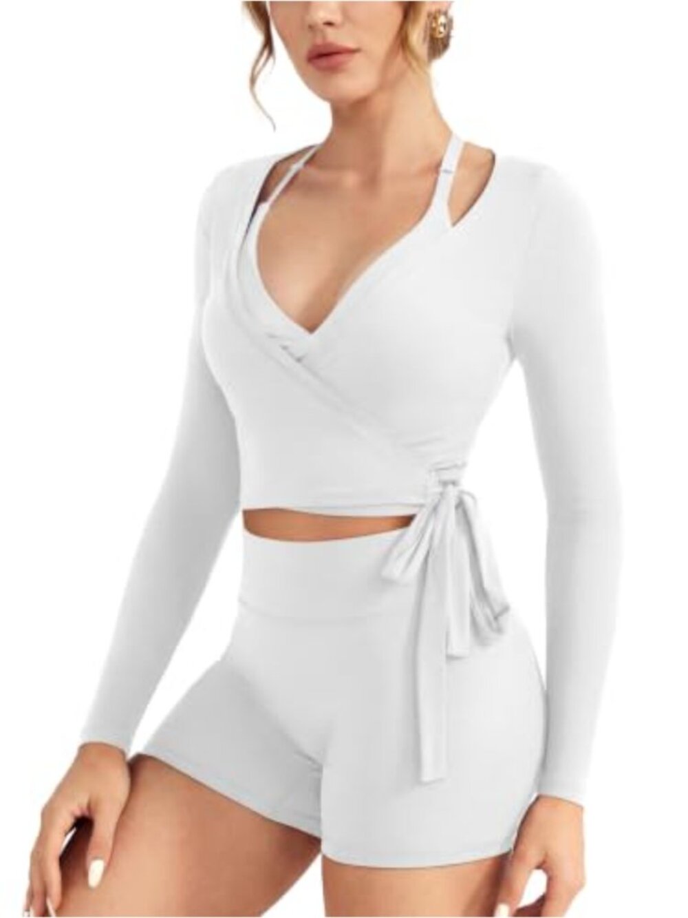 Women's Ballet Wrap Top Long Sleeve Y2K Plunge Neckline Adjustable Tie Workout